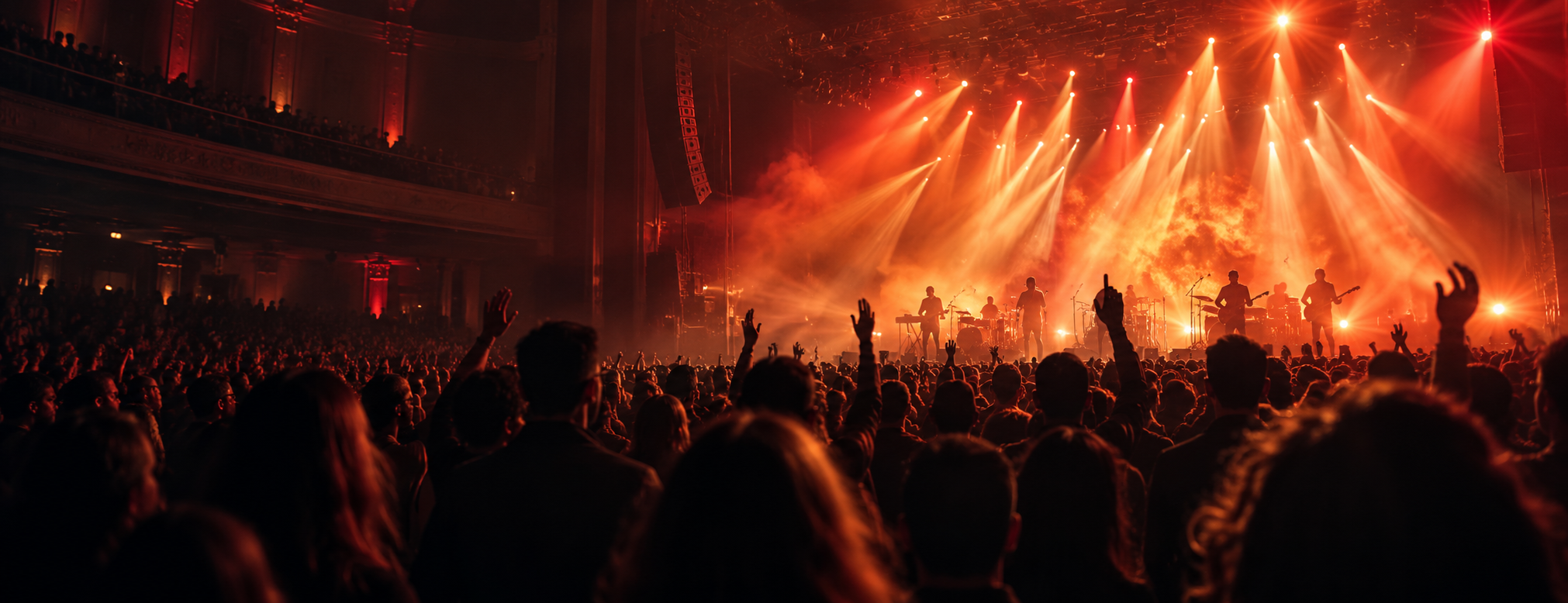 Concert atmosphere with warm red stage lights and a crowd enjoying live music